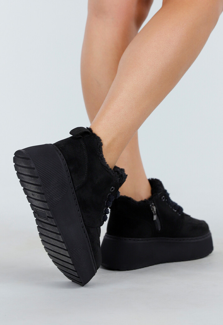Zwarte Sneakers met Bontvoering en Dikke Platformzool met Veters en Rits