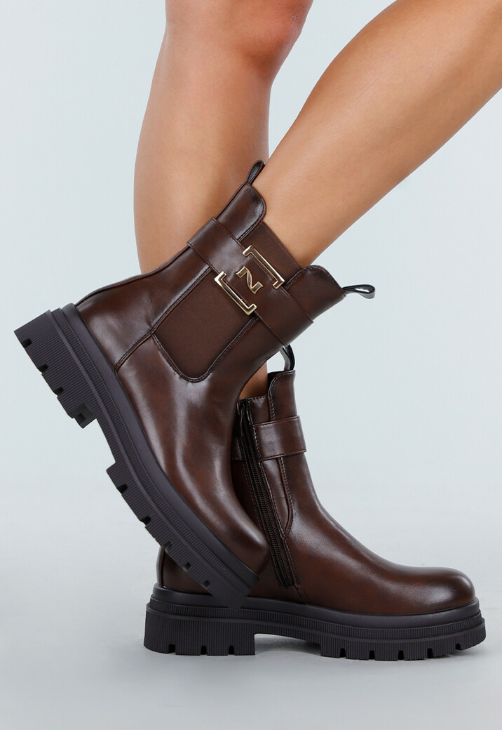 Bruine Enkelboots met Chunky Zool en Goudkleurige Gesp
