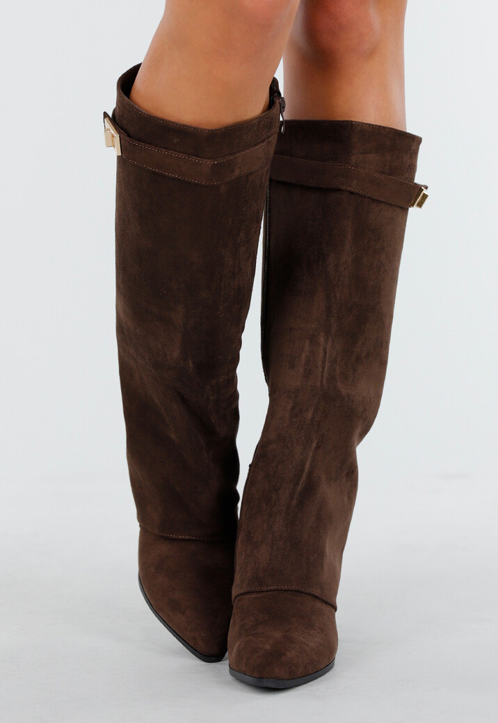 Bruine Suède-Look Laarzen met Gouden Gesp