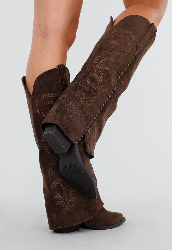 Donkerbruine Suède Cowboylaarzen met Hak en Geborduurde Details