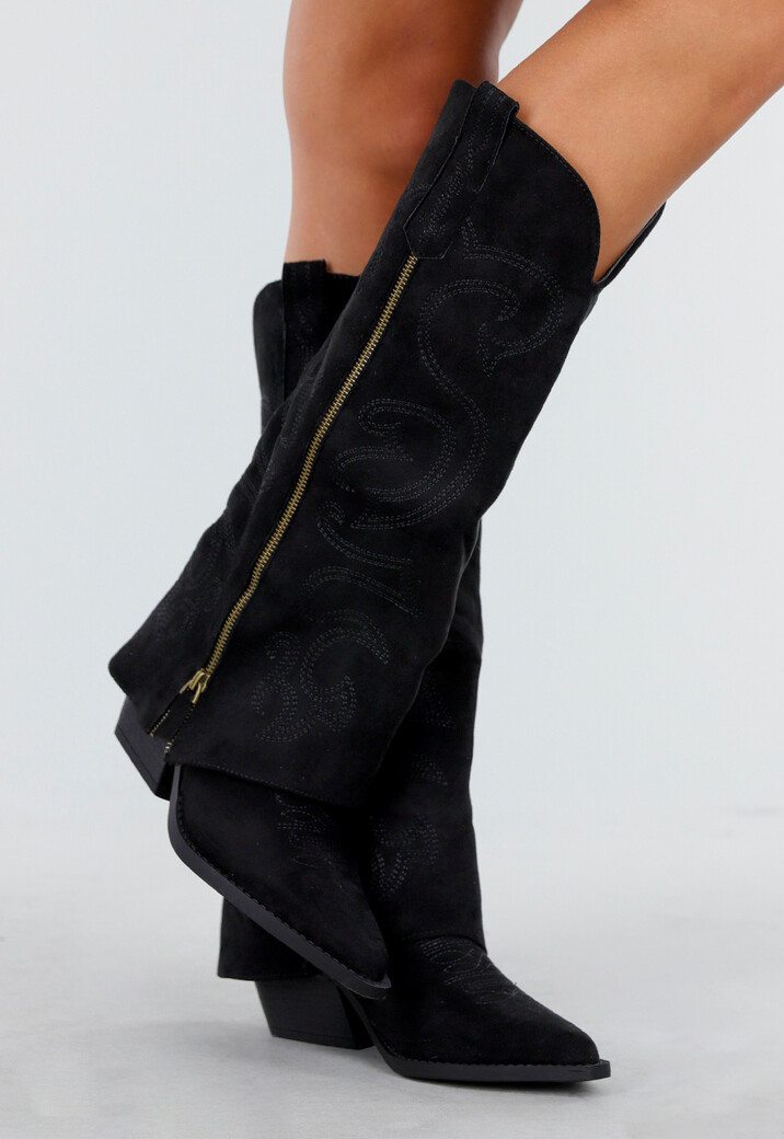 Zwarte Suède Cowboylaarzen met Hak en Geborduurde Details