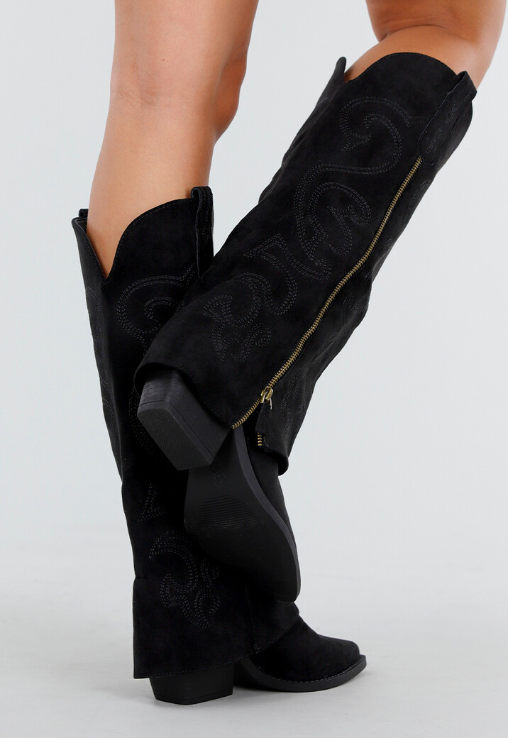 Zwarte Suède Cowboylaarzen met Hak en Geborduurde Details