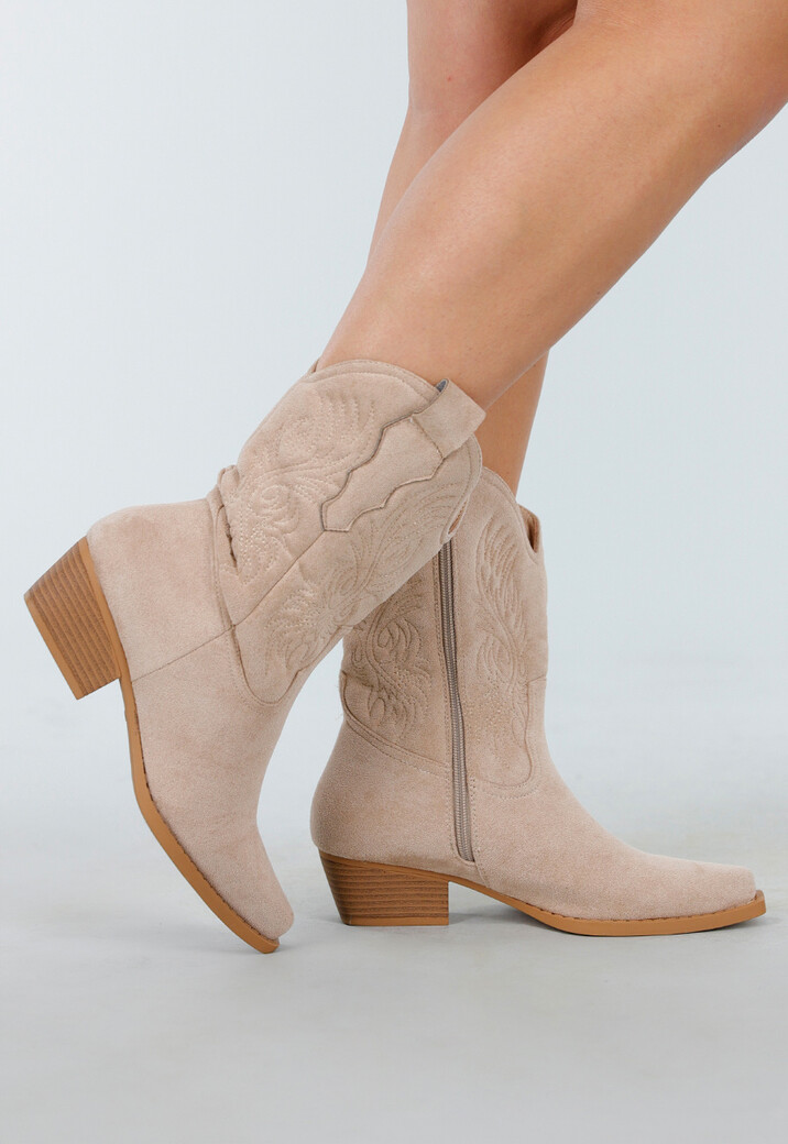 Beige Suède Cowboylaarzen met Lage Hak en Borduursel