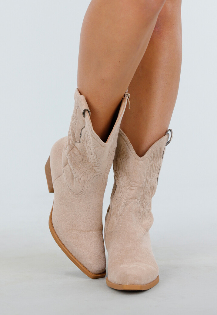 Beige Suède Cowboylaarzen met Lage Hak en Borduursel