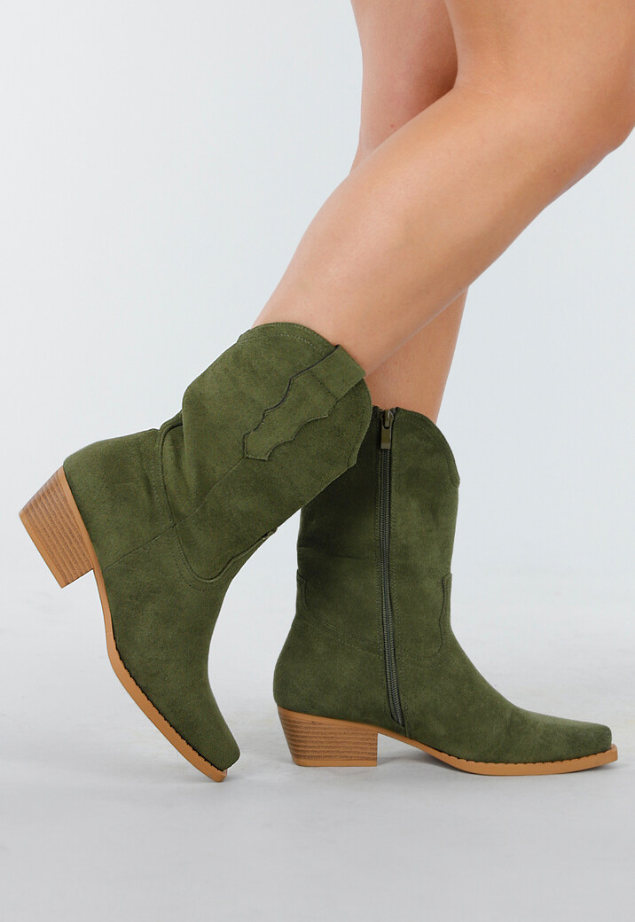 Groene Cowboylaarzen met Lage Hak en Suède Look