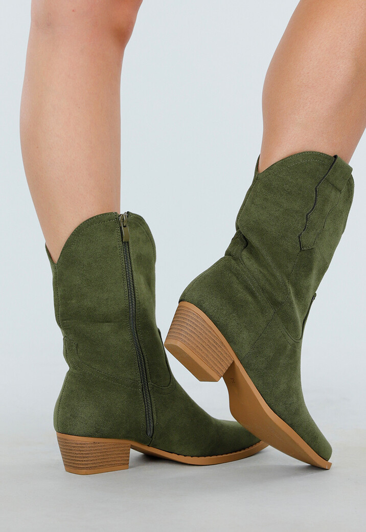 Groene Cowboylaarzen met Lage Hak en Suède Look