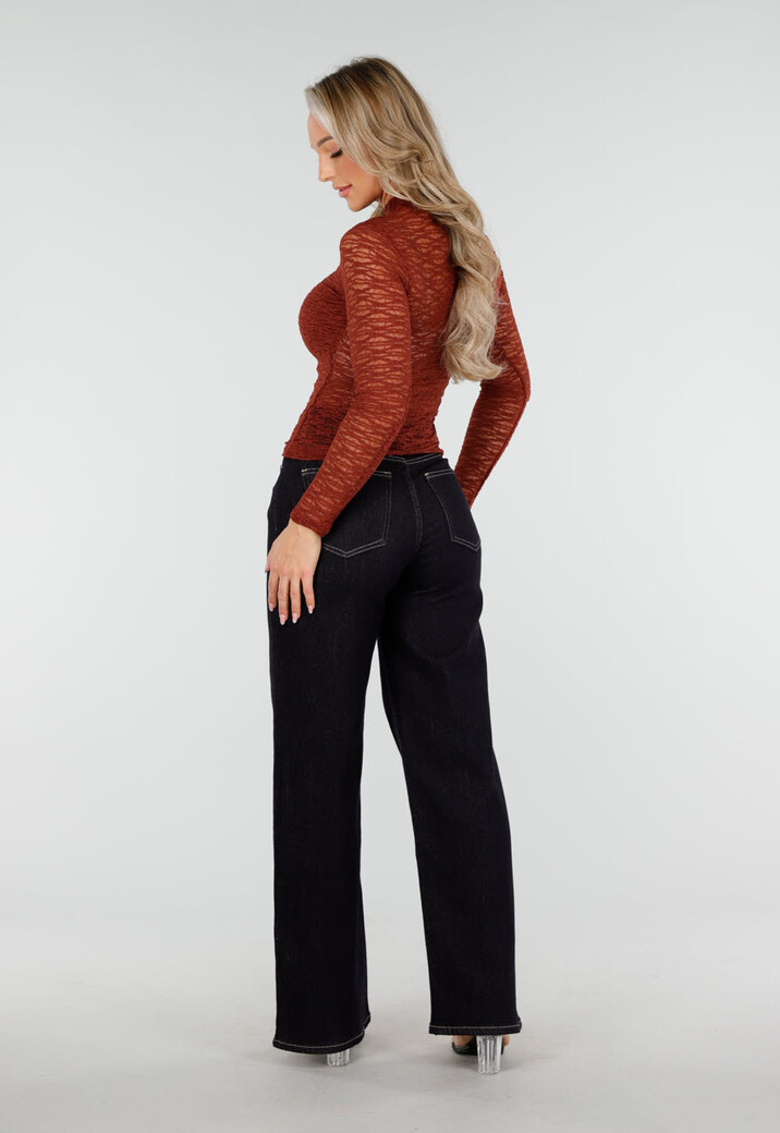 Roestbruine Transparante Kant Top Met Lange Mouwen En Hoge Hals