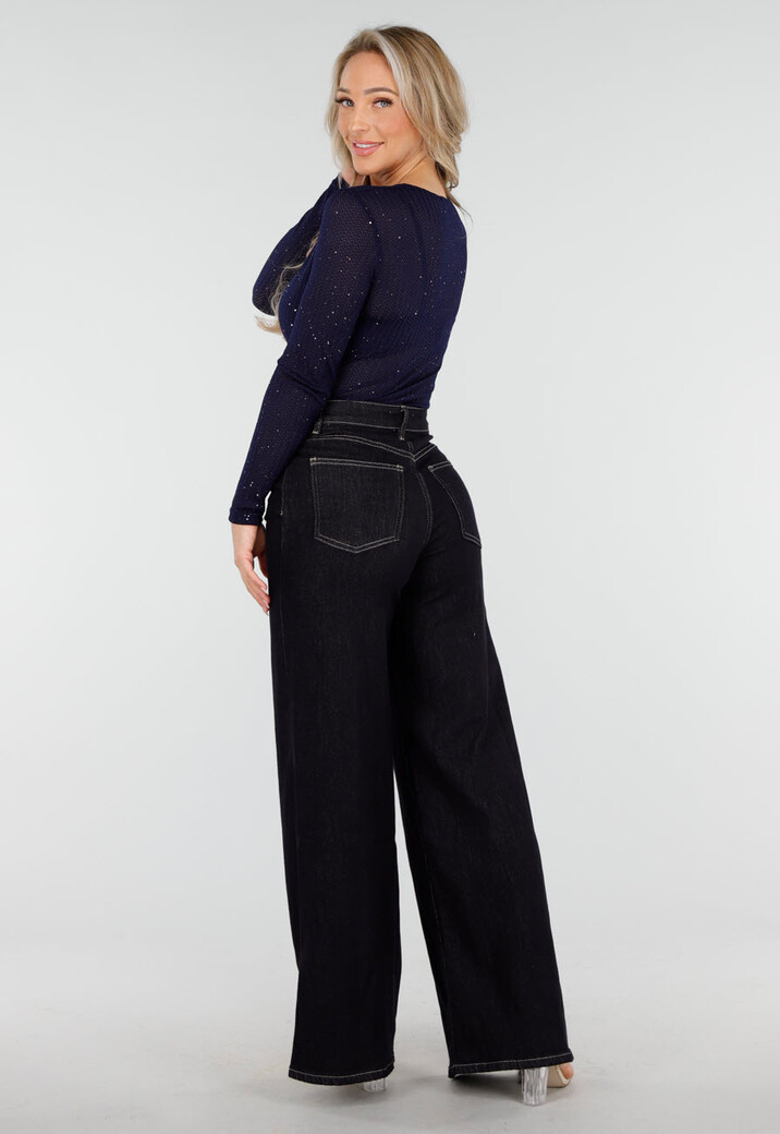Donkerblauwe Glitter Bodysuit met Lange Mouwen en Diepe V-Hals