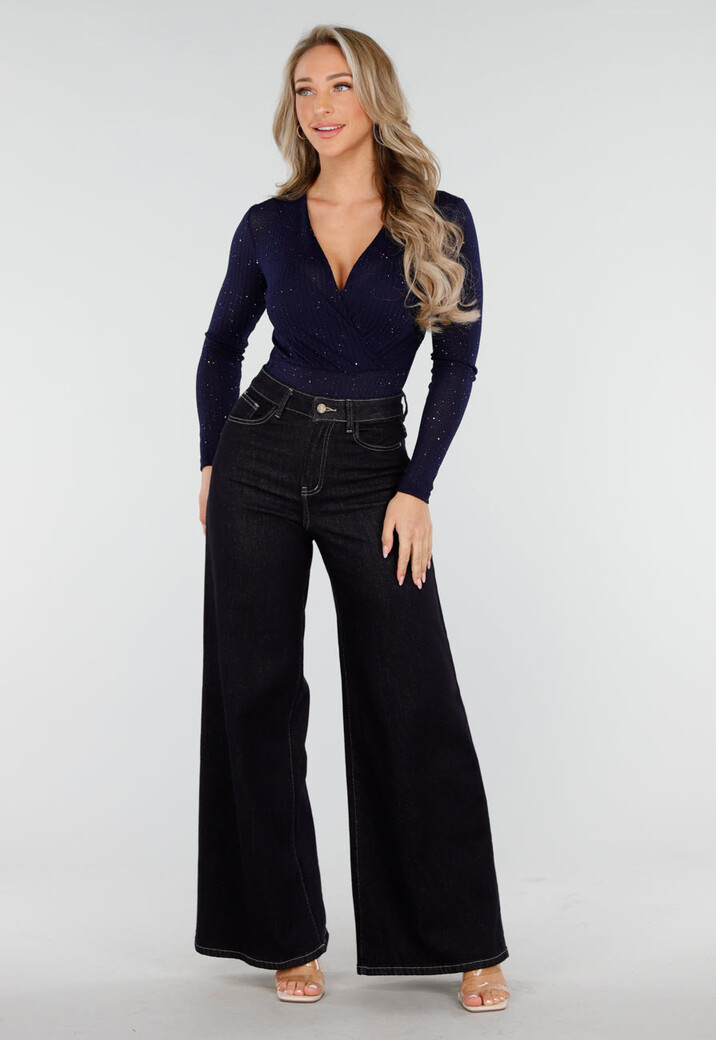 Donkerblauwe Glitter Bodysuit met Lange Mouwen en Diepe V-Hals