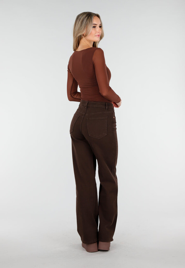 Bruine Mesh Top met Lange Mouwen en Hartvormige Halslijn