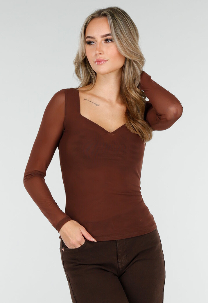 Bruine Mesh Top met Lange Mouwen en Hartvormige Halslijn