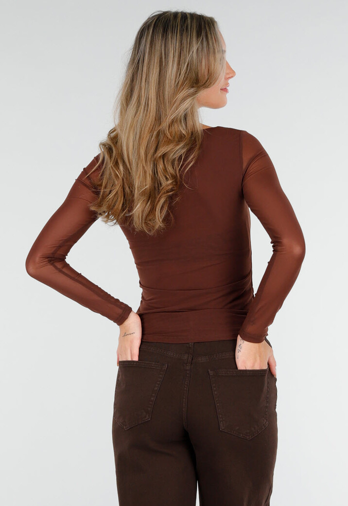 Bruine Mesh Top met Lange Mouwen en Hartvormige Halslijn