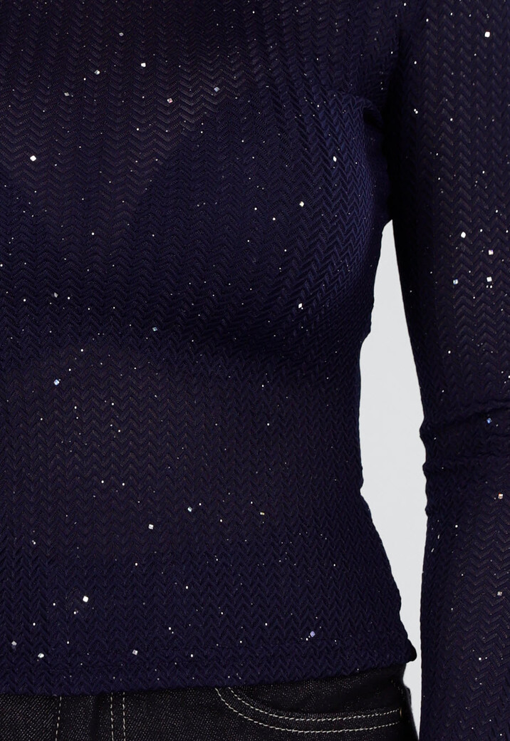 Donkerblauwe Glittertop met Lange Mouwen en Ronde Hals