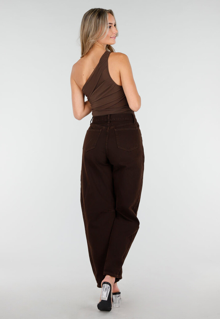 Donkerbruine One Shoulder Body met Drapering in Mesh Stretch