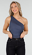 Donkerblauwe One Shoulder Body met Drapering in Mesh Stretch