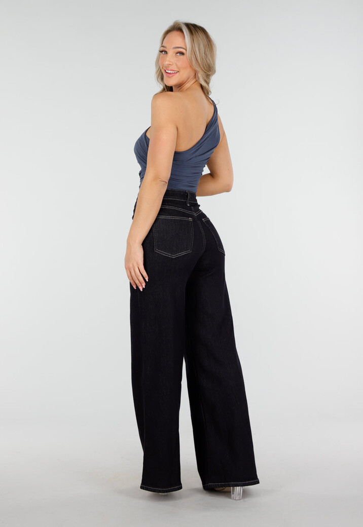 Donkerblauwe One Shoulder Body met Drapering in Mesh Stretch