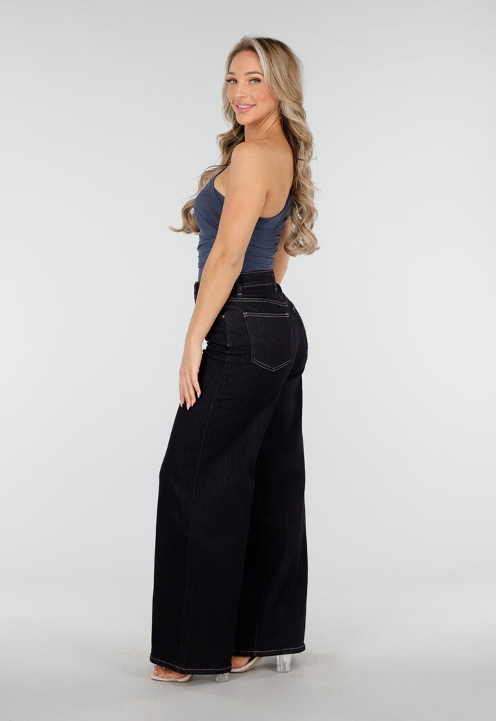 Donkerblauwe One Shoulder Body met Drapering in Mesh Stretch