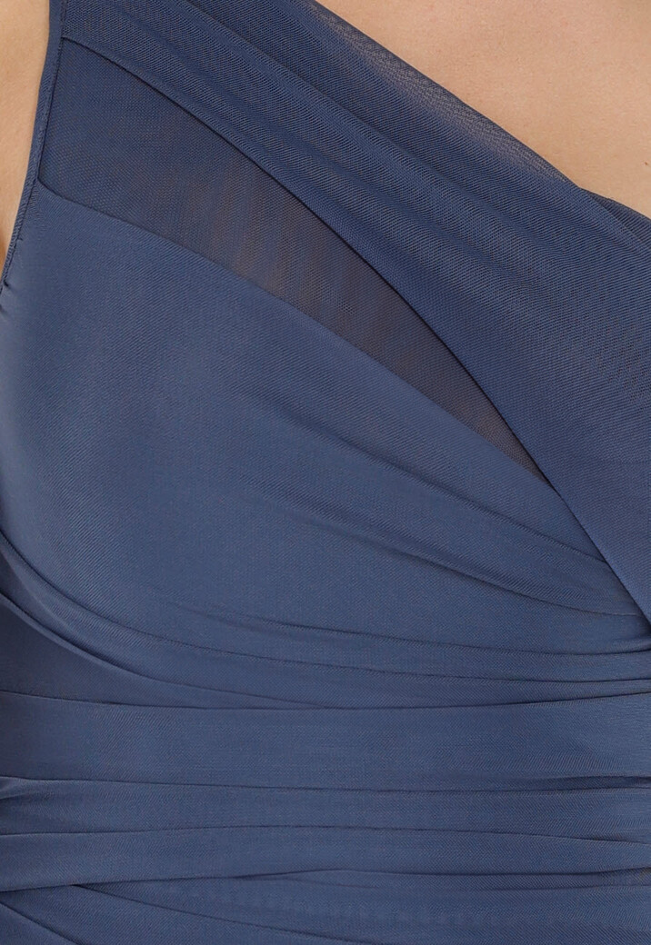 Donkerblauwe One Shoulder Body met Drapering in Mesh Stretch