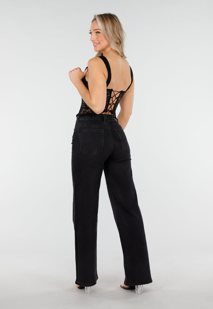 Zwarte Kanten Corset Top met Beugel en Padded Cups