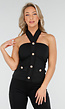Zwarte Halter Top met Goudkleurige Knopen en Zakdetails in Stevige Stretchstof