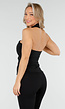 Zwarte Halter Top met Goudkleurige Knopen en Zakdetails in Stevige Stretchstof