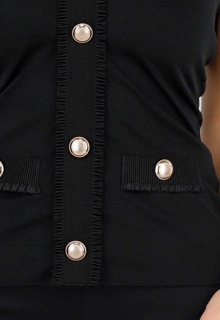 Zwarte Halter Top met Goudkleurige Knopen en Zakdetails in Stevige Stretchstof