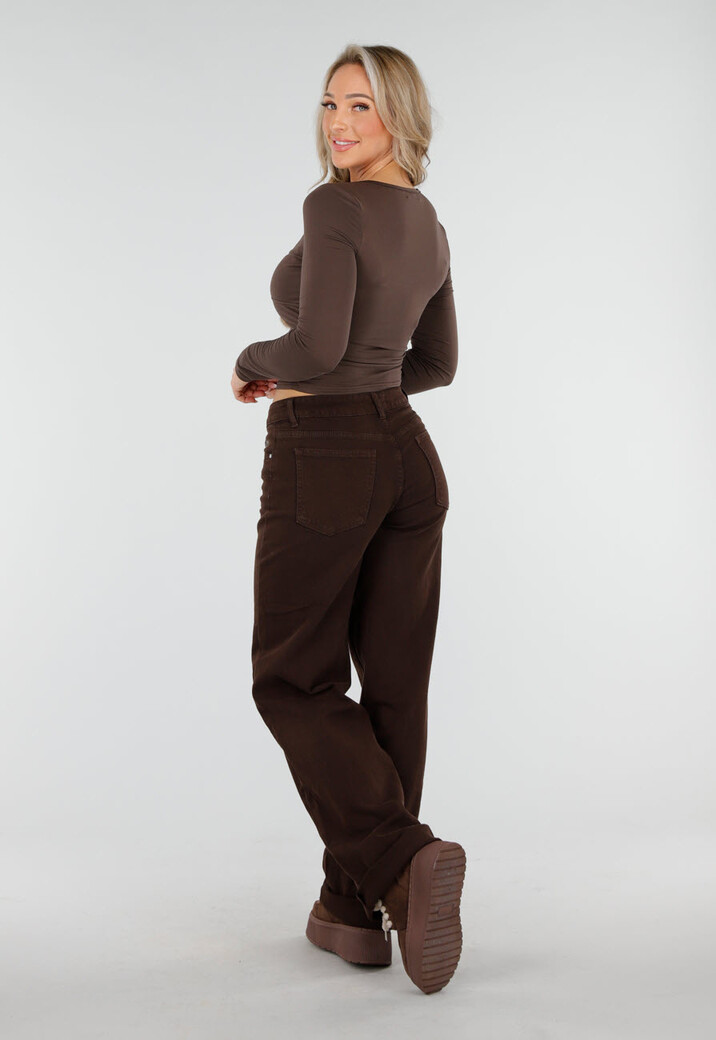 Bruine Diepe V-hals Top met Lange Mouwen en Geplooide Taille