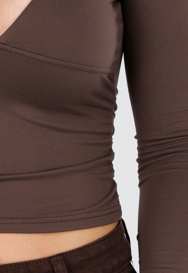 Bruine Diepe V-hals Top met Lange Mouwen en Geplooide Taille