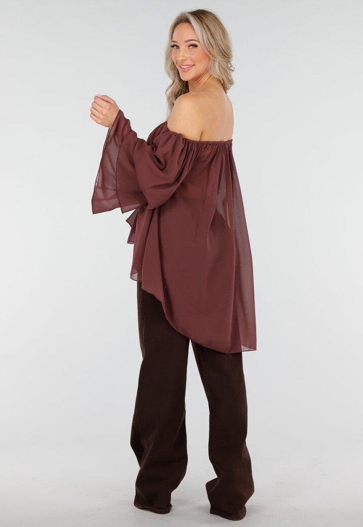 Donkerbruine Off Shoulder Blouse met Wijde Mouwen en Volant