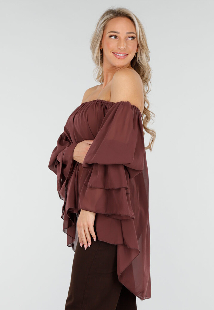 Donkerbruine Off Shoulder Blouse met Wijde Mouwen en Volant