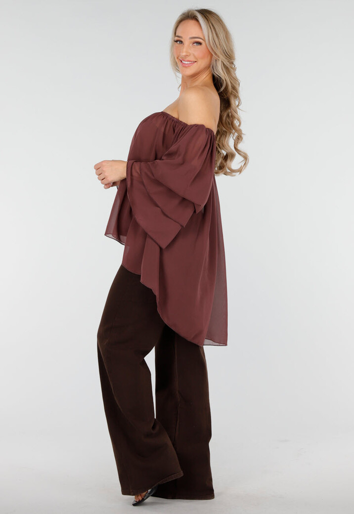 Donkerbruine Off Shoulder Blouse met Wijde Mouwen en Volant
