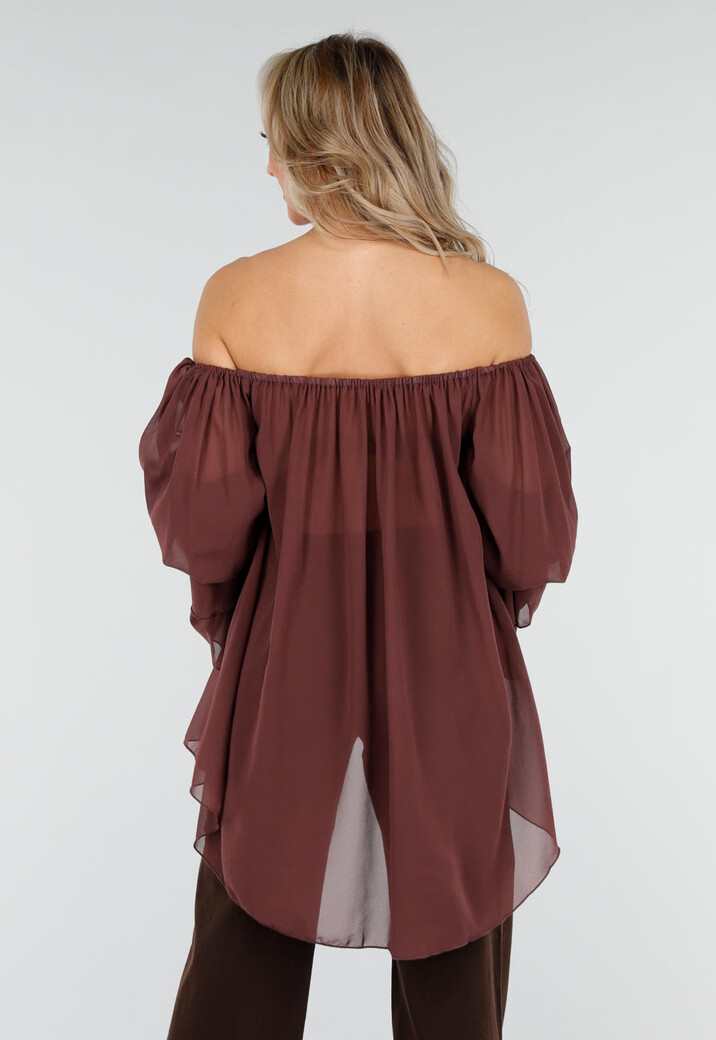 Donkerbruine Off Shoulder Blouse met Wijde Mouwen en Volant