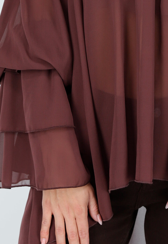 Donkerbruine Off Shoulder Blouse met Wijde Mouwen en Volant