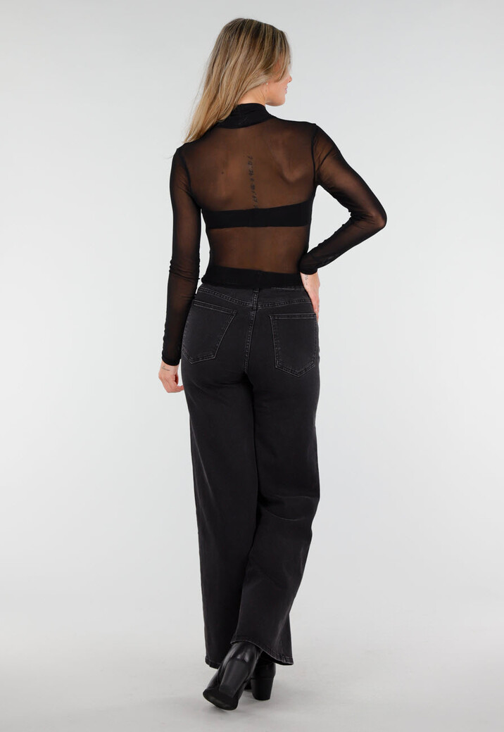 Zwarte Mesh Crop Top met Kruishals en Stretch