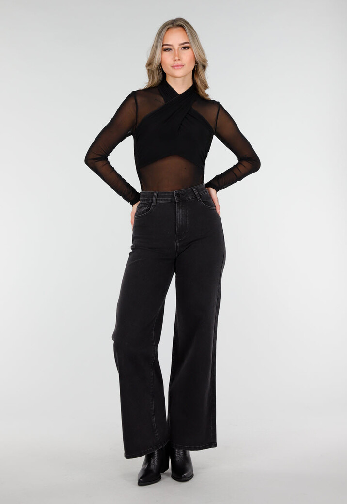 Zwarte Mesh Crop Top met Kruishals en Stretch