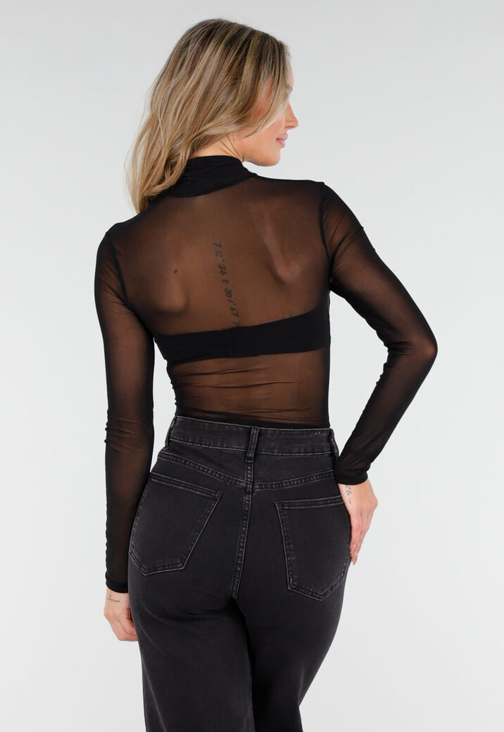 Zwarte Mesh Crop Top met Kruishals en Stretch
