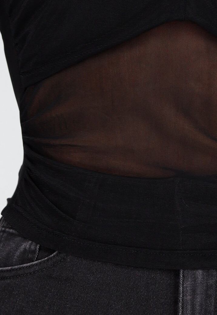 Zwarte Mesh Crop Top met Kruishals en Stretch