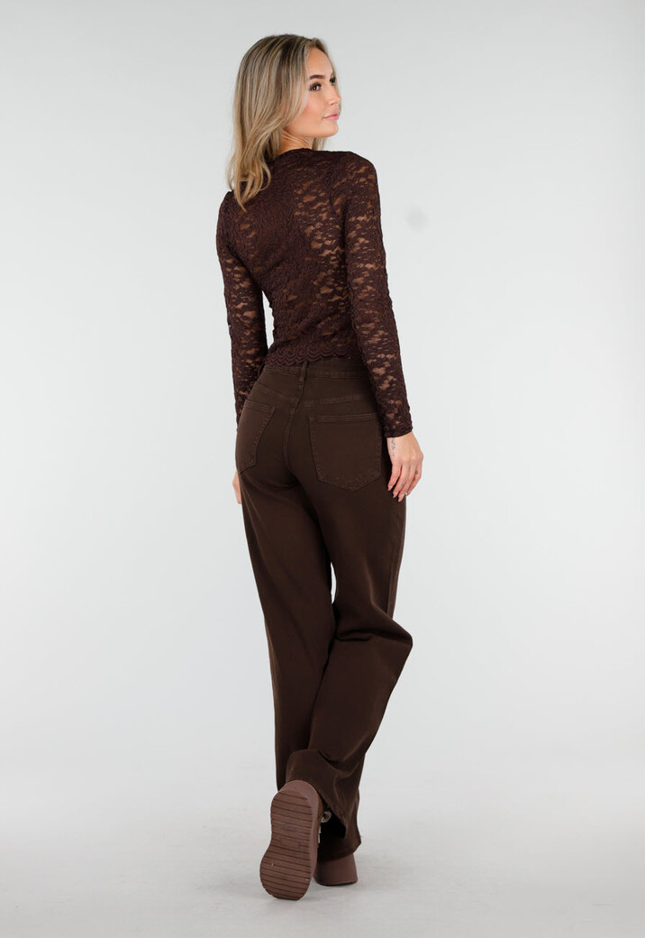 Bruine Crop Top met Kant en Lange Mouwen