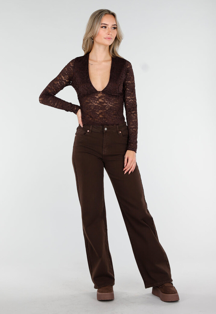 Bruine Crop Top met Kant en Lange Mouwen