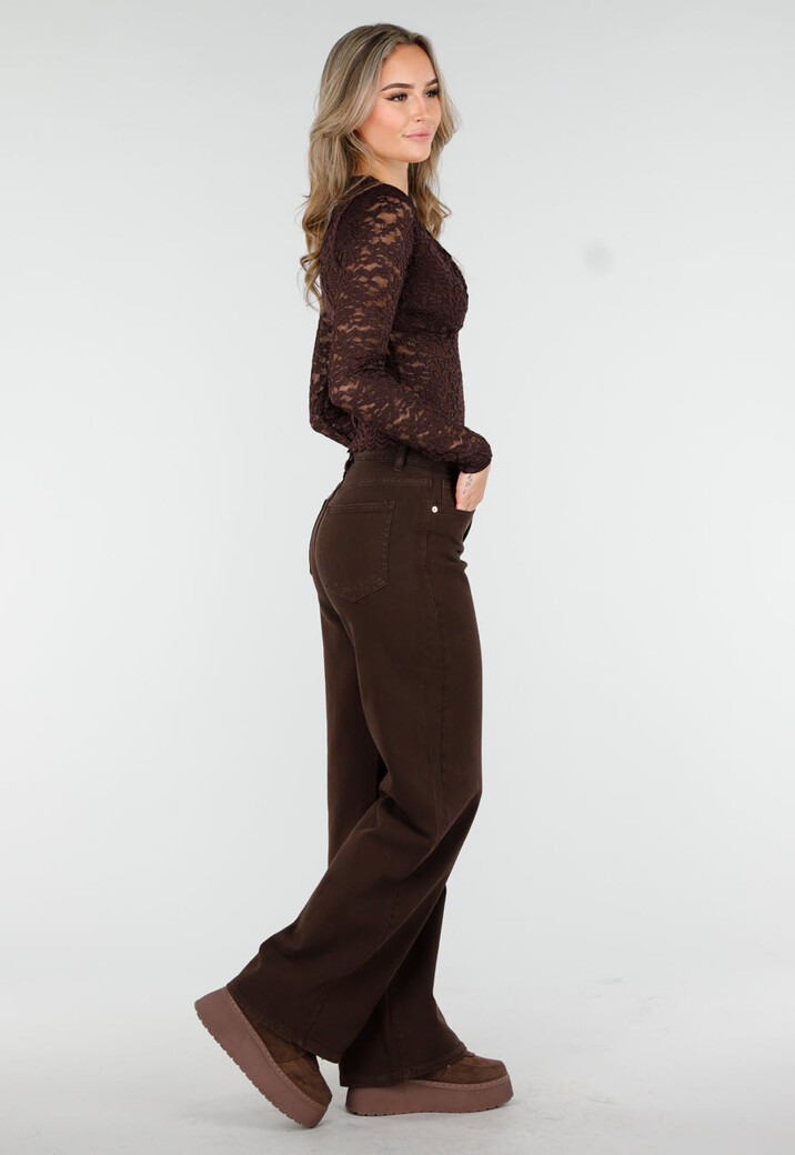 Bruine Crop Top met Kant en Lange Mouwen