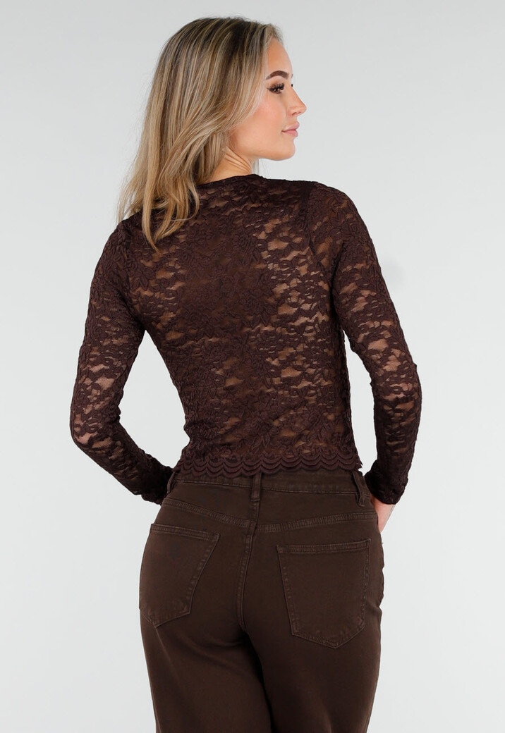 Bruine Crop Top met Kant en Lange Mouwen