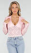 Lichtroze Crop Top met Kant en Lange Mouwen