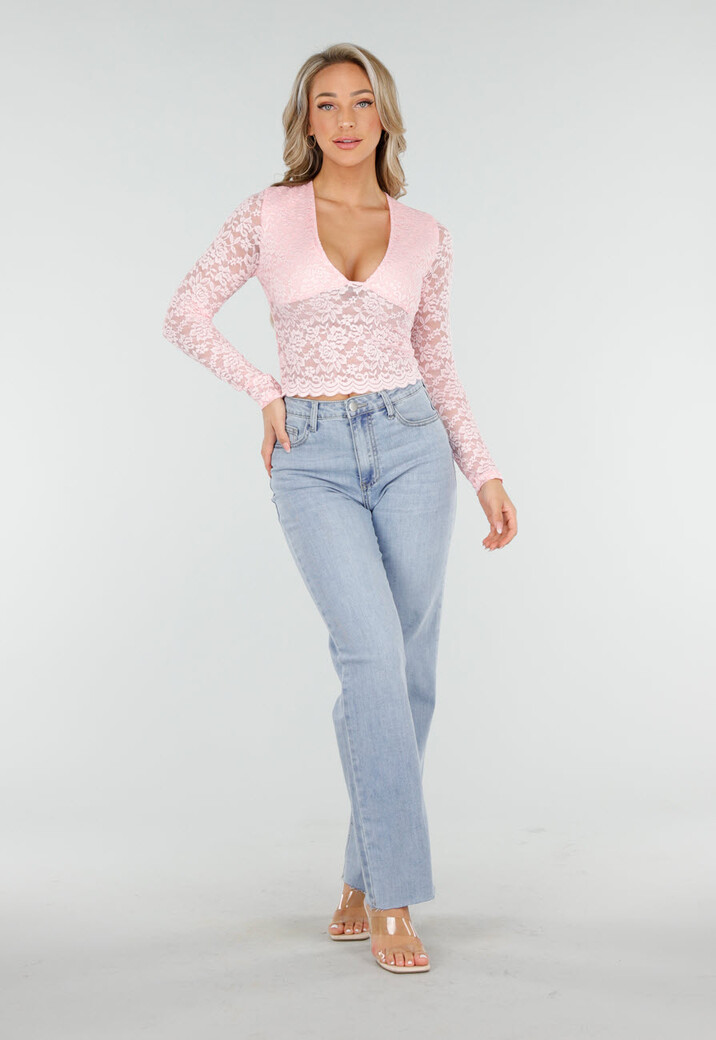 Lichtroze Crop Top met Kant en Lange Mouwen