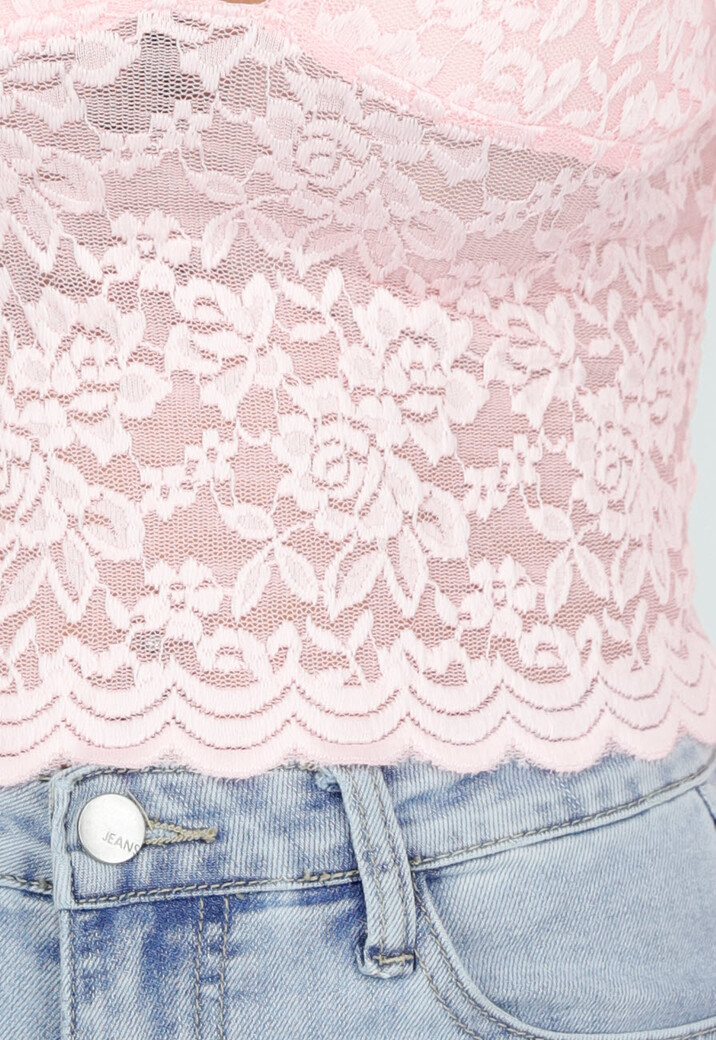 Lichtroze Crop Top met Kant en Lange Mouwen