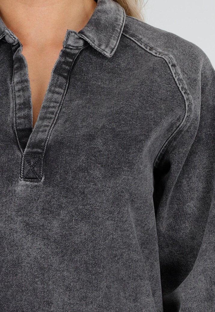 Grijze Longsleeve Oversized Denim Jurk met V-hals