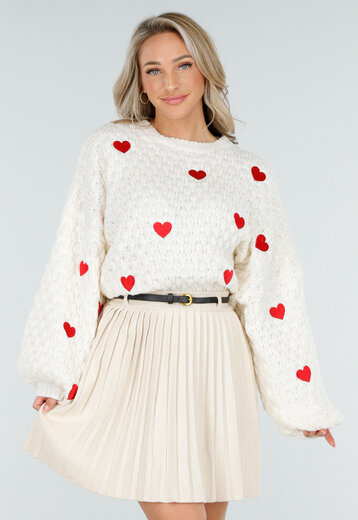 Beige Trui met Rode Hartjes