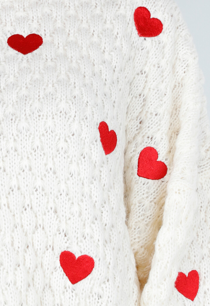 Beige Gebreide Trui met Rode Hartjes en Ballonmouwen