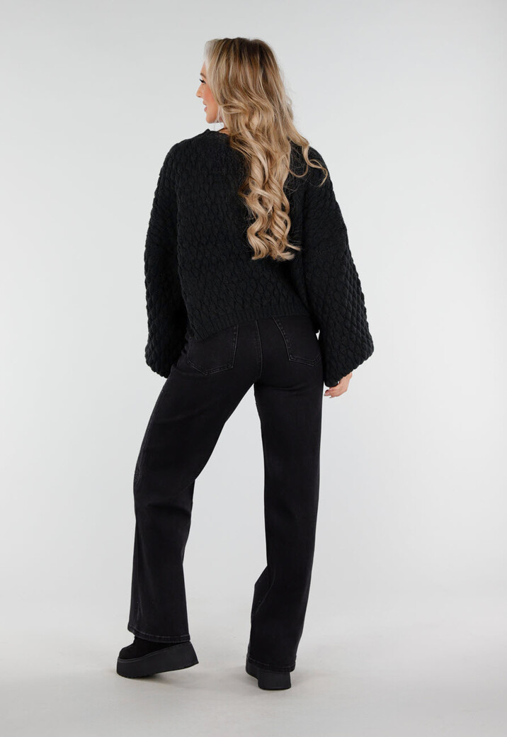 Zwarte Gebreide Trui met Hartjes en Wijde Mouwen