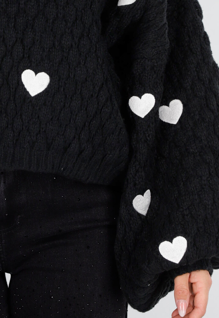 Zwarte Gebreide Trui met Hartjes en Wijde Mouwen