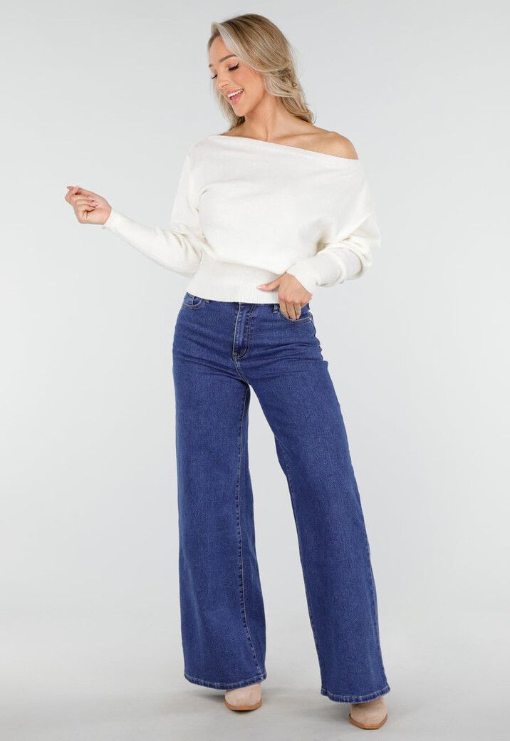 Witte One Shoulder Trui met Lange Mouwen en Stretch